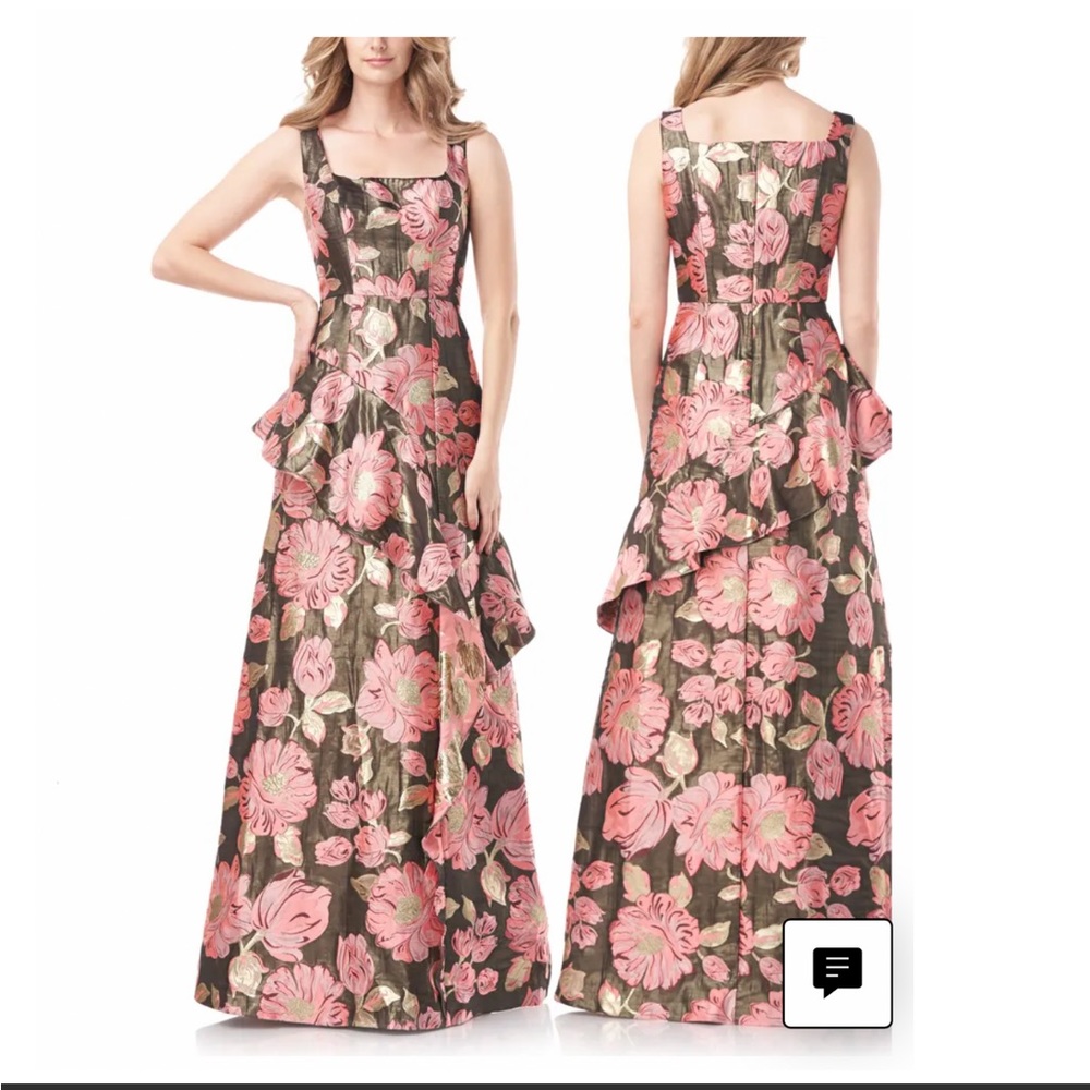NWT KAY UNGER BELLE FLORAL PRINT RUFFLED SLEEVELESS A-LINE GOWN - Picture 3 of 11